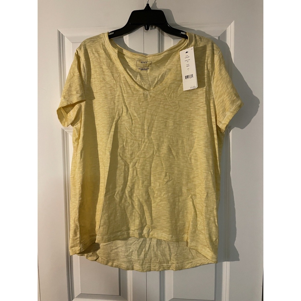 Dkny split V Neck Cotton T Shirt  large yellow nwt